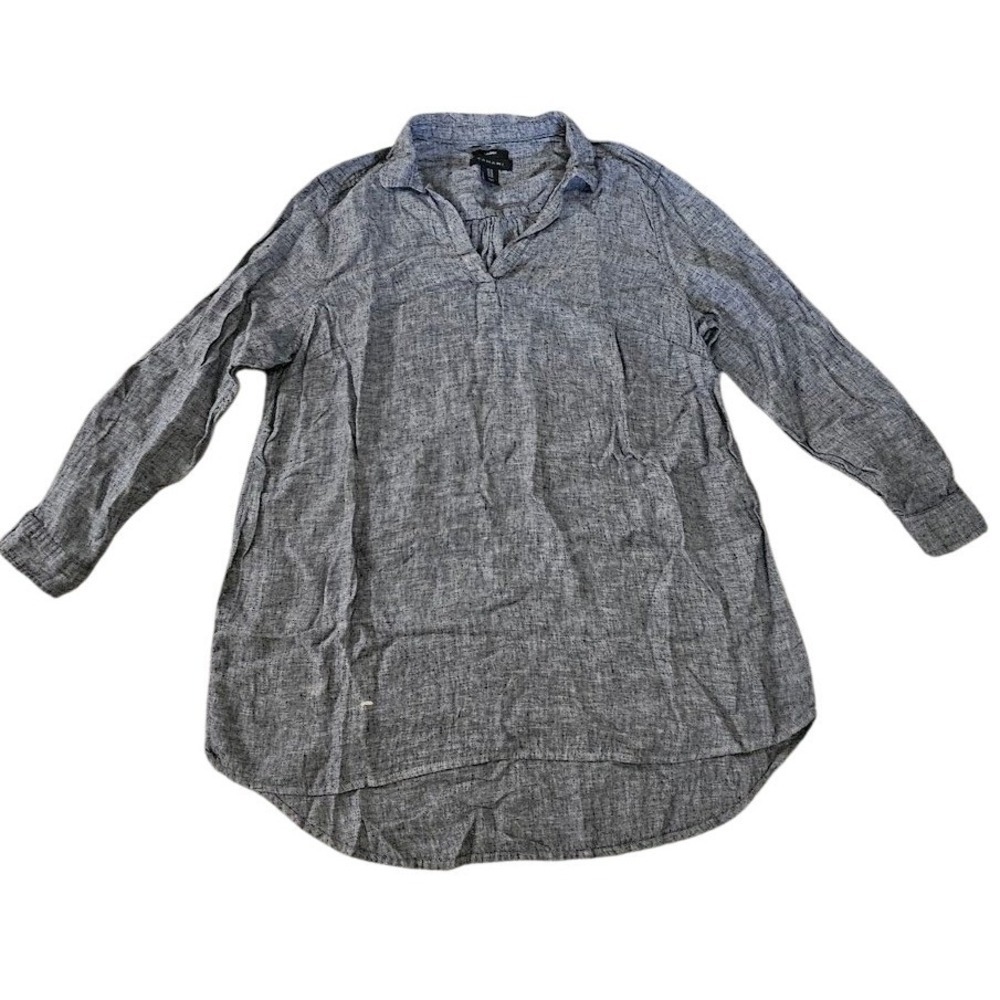 Tahari 100% Linen Tunic Shirt Dress 1X Chambray Blue Gray Roll Tab Sleeve Summer